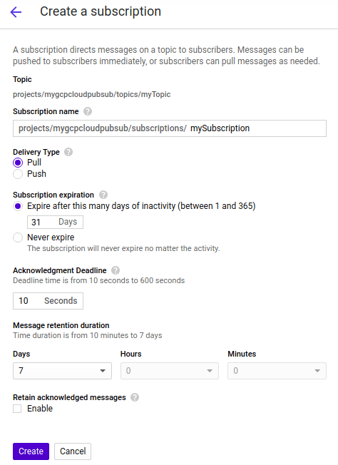 GCP PubSub - create Subscription